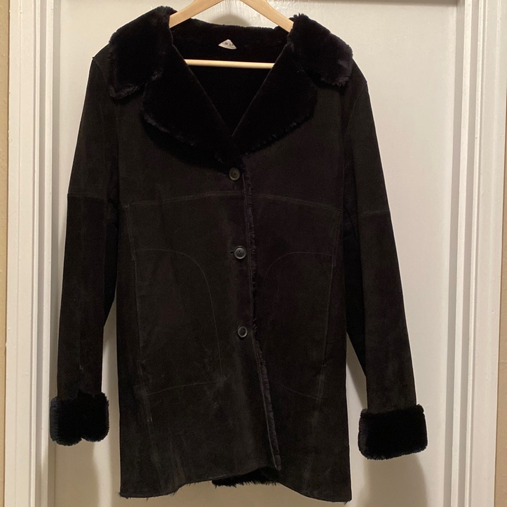 Black genuine suede/faux fur